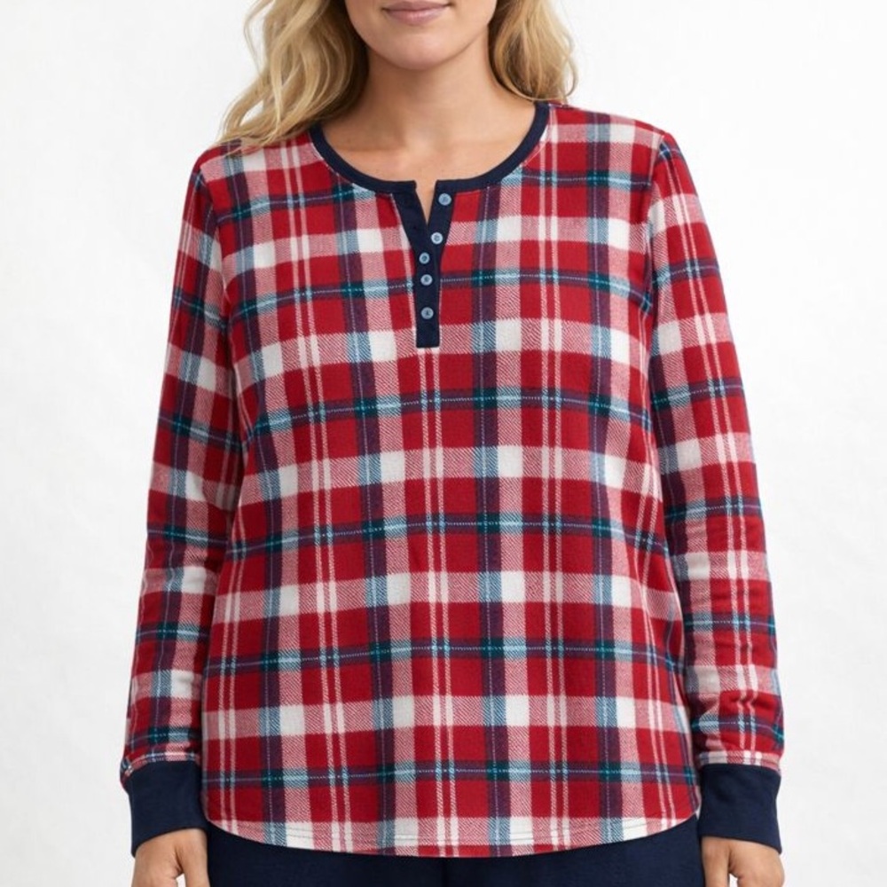 Nautica Pajama Top Microfleece Plaid Long Sleeve Soft Comfy Red Blue White L NWT